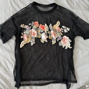 AllSaints Black Mesh Top with Floral Embroidery